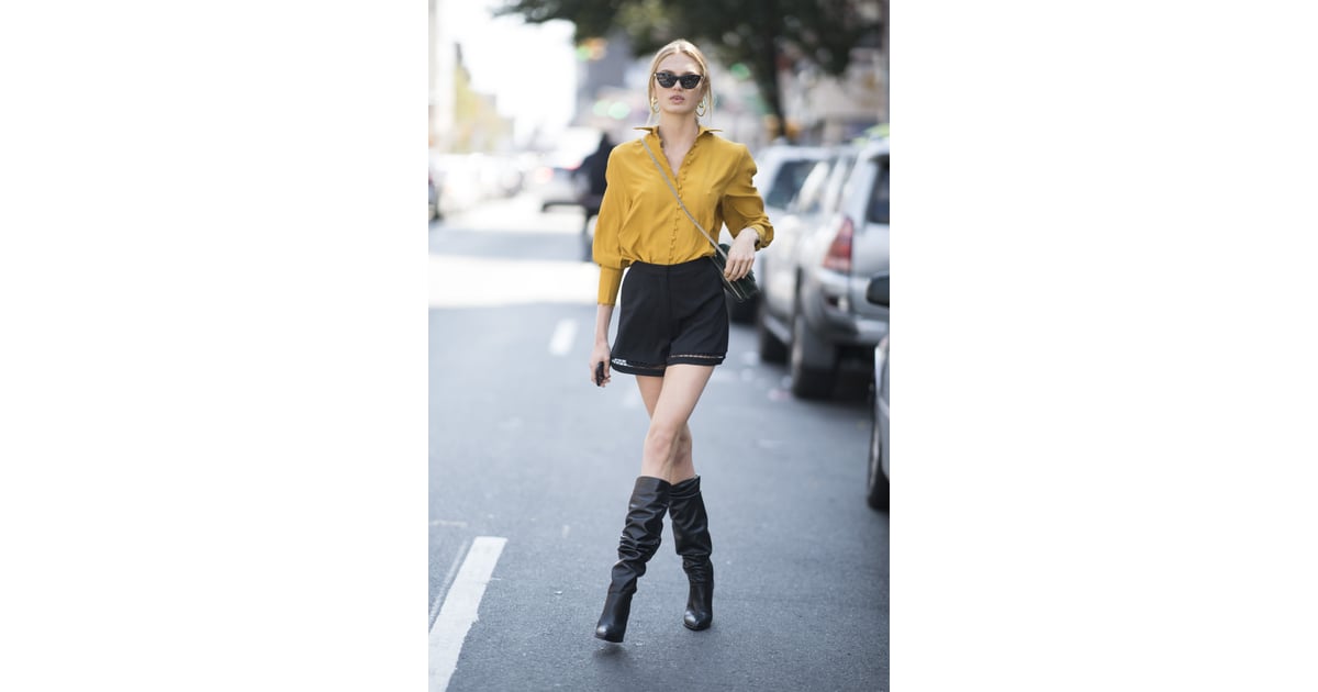 Style a Mustard Yellow Top With Shorts and KneeHigh Boots Mustard