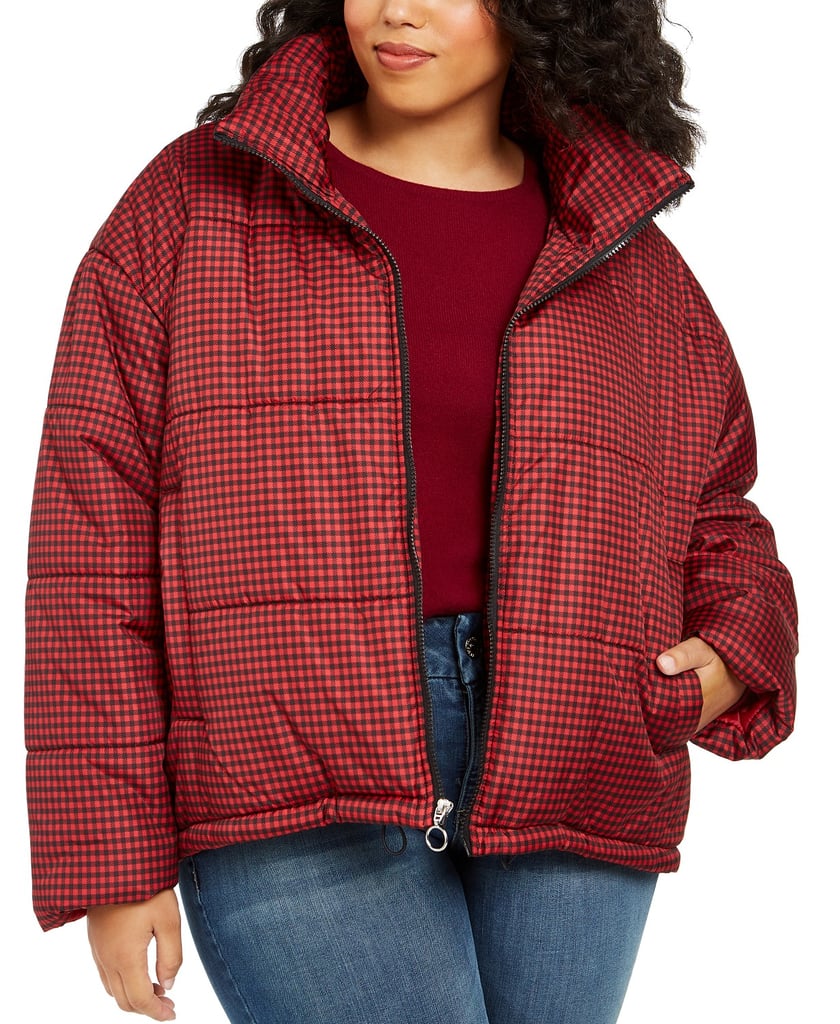 Celebrity Pink Plaid Puffer Coat