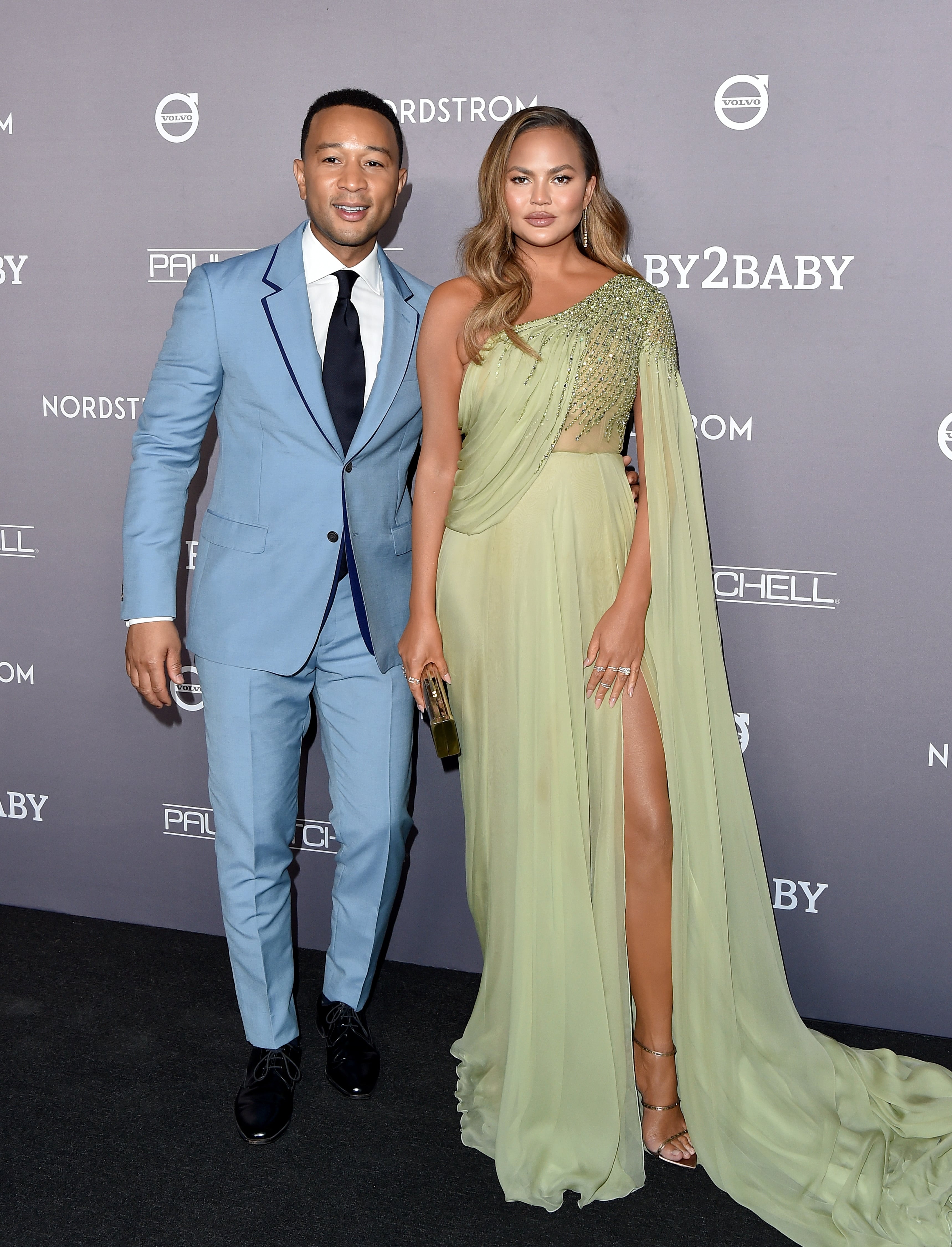 chrissy teigen green dress Chrissy Teigen Shimmers in Quirky Green Dress at Cult Gaia Runway Show