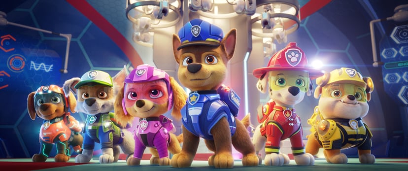 L-R: Zuma (voiced by Shayle Simons), Rocky (voiced by Callum Shoniker), Skye (voiced by Lilly Bartlam), Chase (voiced by Iain Armitage), Marshall (voiced by Kingsley Marshall), and Rubble (voiced by Keegan Hedley) in PAW PATROL: THE MOVIE from Paramount P