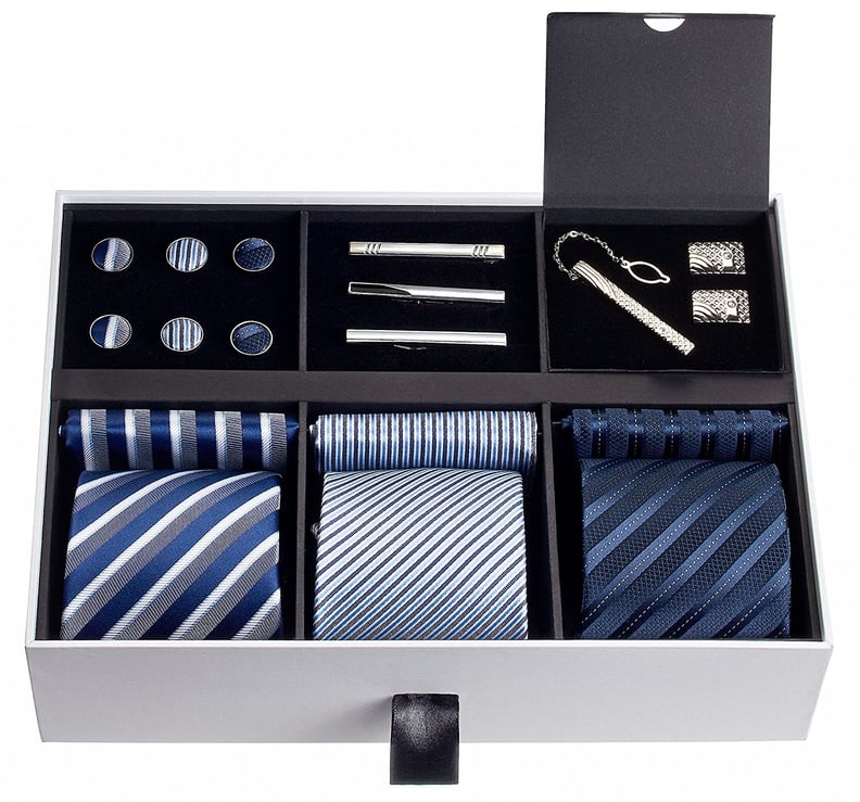 Men’s Gift Tie Set (Silky Necktie Pocket Squares Tie Clips Cufflinks)