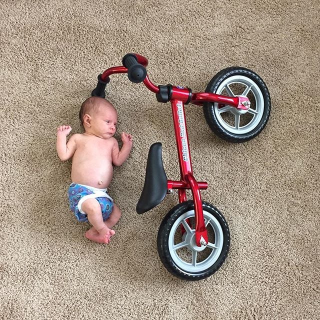 Baby vs. bicycle.