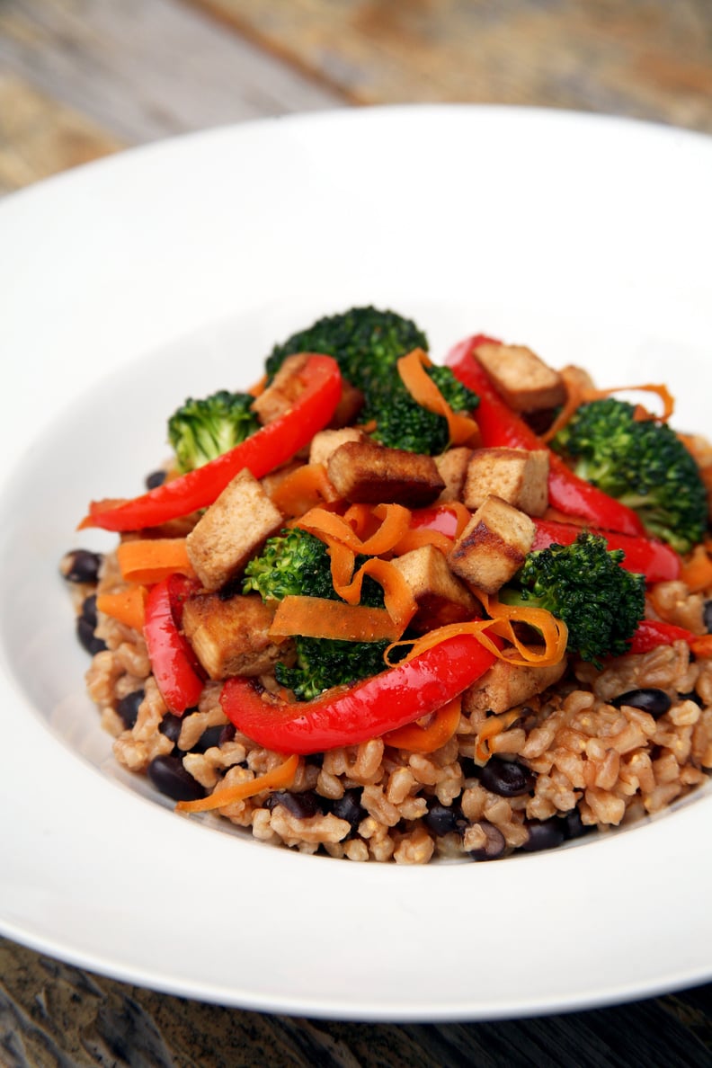 Maple Cumin Tofu With Bell Peppers, Broccoli, and Farro