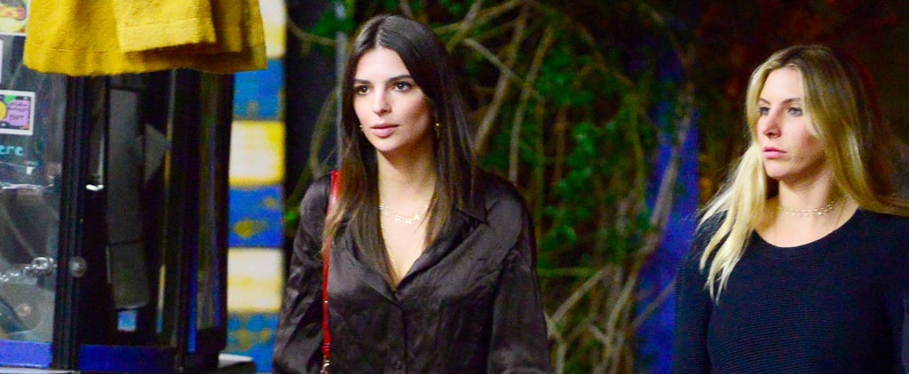 Emily Ratajkowski Wearing Snakeskin Mules and Track Pants