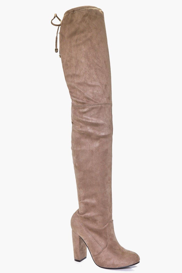 block heel tie back thigh high boots