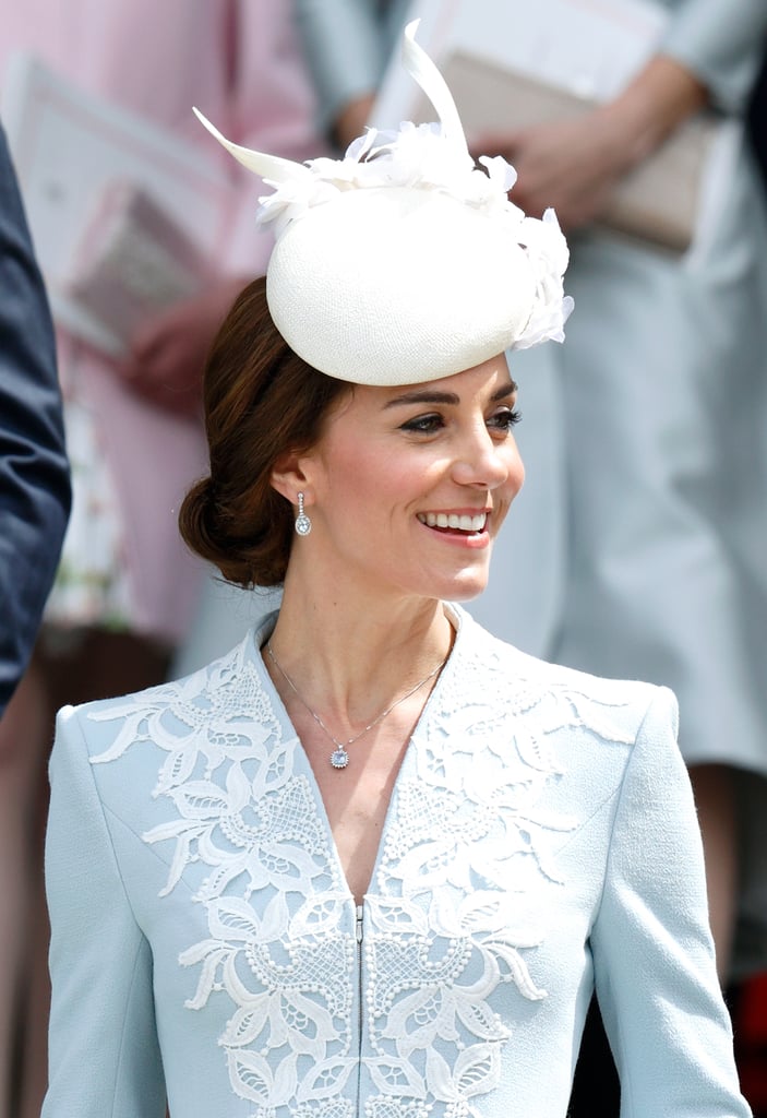 For a Service of Thanksgiving to commemorate the queen's 90th birthday, Kate paired earrings that she had worn before with a new cushion-cut aquamarine and diamond pendant.