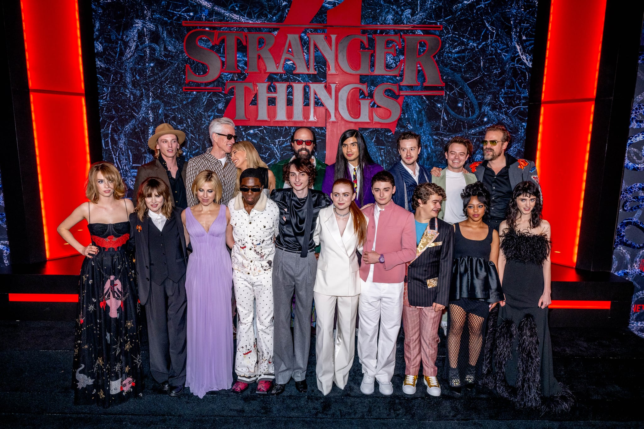 BROOKLYN, NEW YORK - MAY 14: (L-R) Cara Buono, Maya Hawke, Winona Ryder, Campbell Bower, Millie Bobby Brown, Matthew Modine, Caleb McLaughlin, Brett Gelman, Finn Wolfhard, Eduardo Franco, Sadie Sink, Noah Schnapp, Joseph Quinn, Gaten Matarazzo, Charlie Heaton, Priah Ferguson, David Harbour, Natalia Dyer and Joe Keery attend Netflix's 