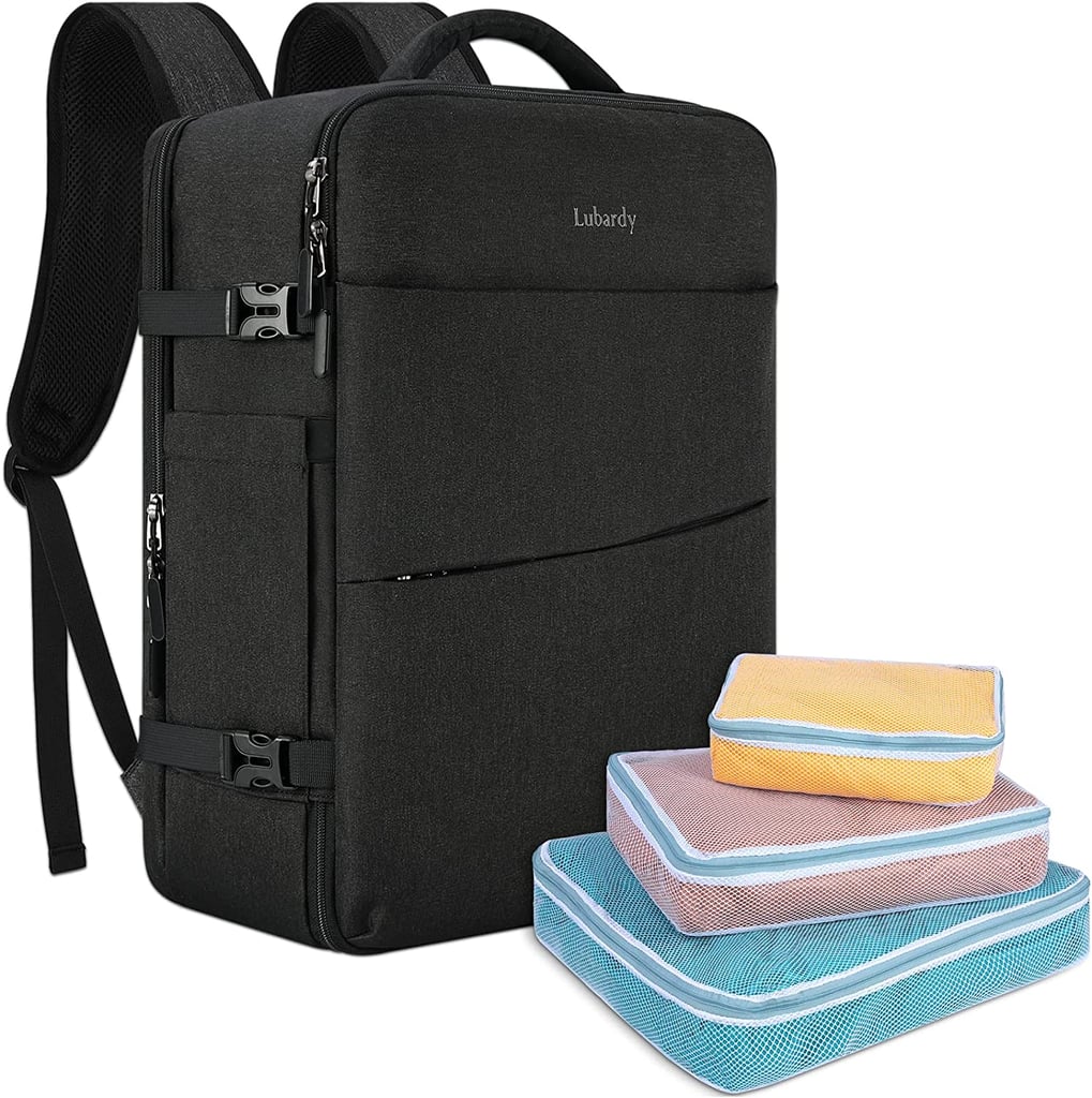 Lubardy Travel Backpack ($38, originally $40)
If you're looking for a durable backpack you can use for weekend trips, the Lubardy Travel Backpack is a great option and it's waterproof. It has a spacious main compartment that can fit a few outfits and a pair of shoes, and it comes with three packing cubes. Plus, it has a laptop compartment, a wet pocket for toiletries and laundry, and a side pocket for a water bottle or an umbrella. The zippers are sturdy and reinforced, so you can keep squishing items in without the bag exploding. It comes in five colors. 
Pros: It can fit up to 10 outfits and meets carry-on requirements perfectly.
Cons: The zipper quality is questionable.
Material: Water-resistant fabric.
Dimensions: 20" height x 13" width x 8"depth
Colorways: 4
Who it's best for: The college student and weekend traveler.
What Reviewers Say: "Used as my personal item on American Airlines! This bag fit so much! (3 swimsuits, 2 pairs of jeans, 2 pairs of jean shorts, 2 pairs of athletic shorts, pair of leggings, pair of sweats, 3 t-shirts, 2 tank tops, multiple underwear/socks/bras, and the smaller packing cube full of shower supplies/makeup/jewerly). Comfortable to carry and didn't feel too heavy when full! Totally worth purchasing for travel!"
