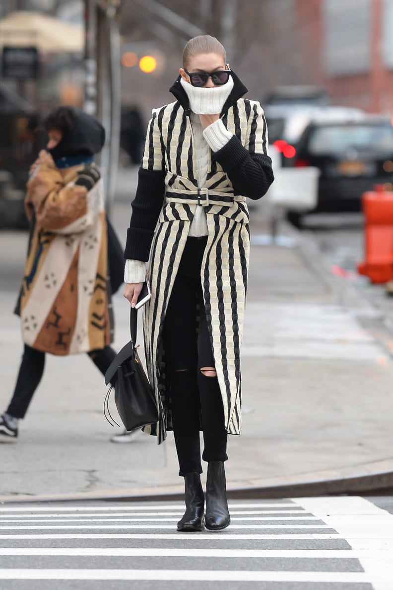 The Bag Blended Seamlessly With Her Striped Trench, Too