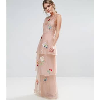 ASOS Salon Embroidered Floral Maxi Dress in Pink