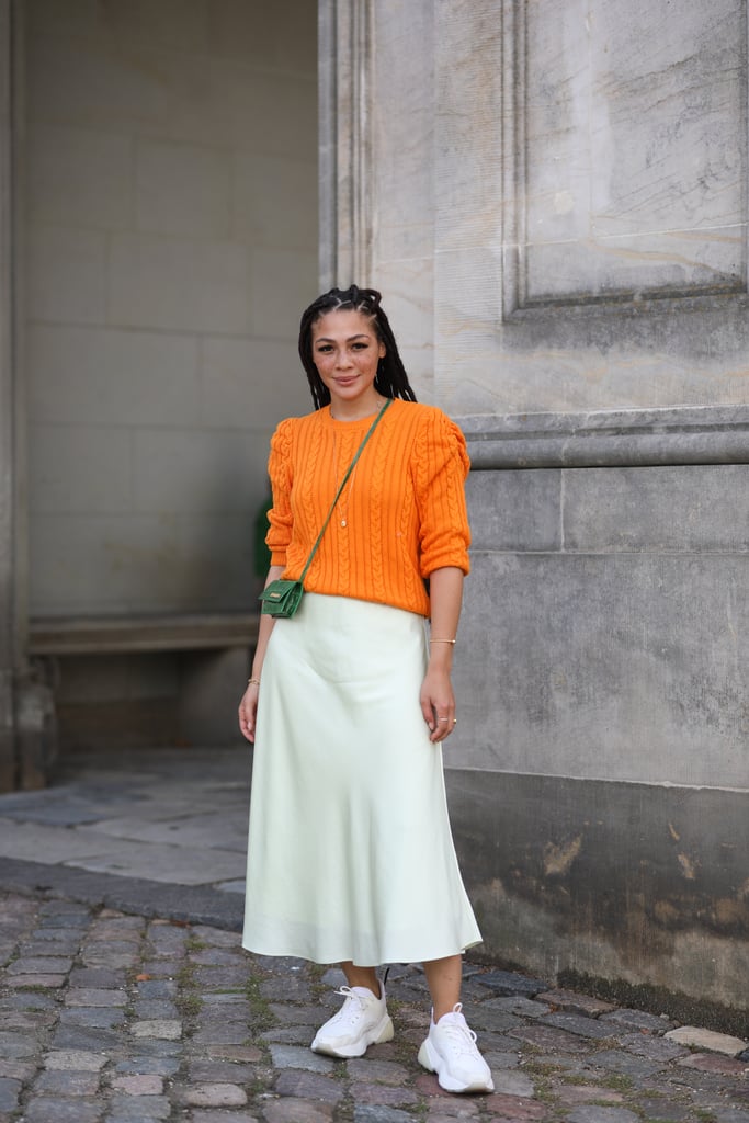 Autumn Outfit Idea Orange Jumper Slip Skirt Trainers Autumn