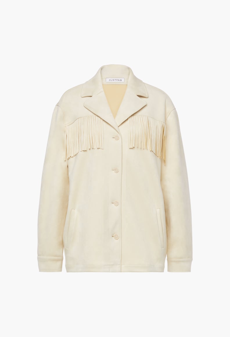 Ayesha Curry x JustFab Fringe Suede Jacket in Cement