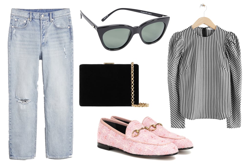 Gucci Jordaan Tweed Loafers ($730)
& Other Stories Jacquard Puff Sleeve Top ($89)
Gap High Rise Distressed Cheeky Straight Jeans ($80)
Le Specs Halfmoon Magic Sunglasses ($69)
Anya Hindmarch Velvet Shoulder Bag ($425)