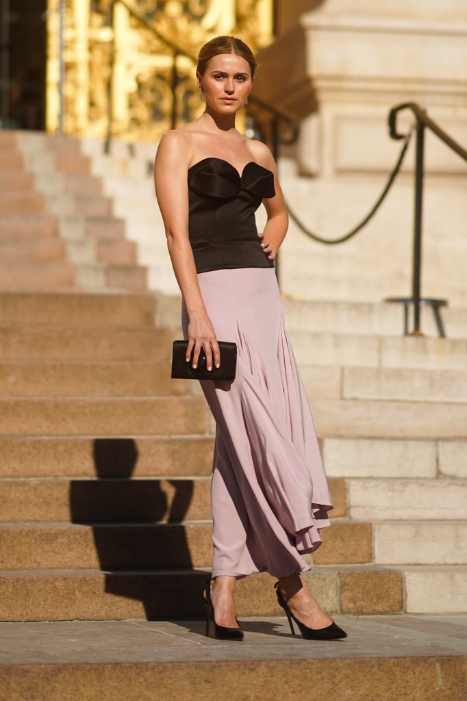 Get party-ready with a black-tie inspired bustier top to pair with your subtly colored silk skirt.