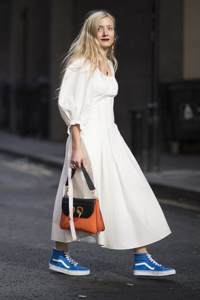 Take an ultrafeminine dress and pair it with a brightly colored pair of skater kicks.