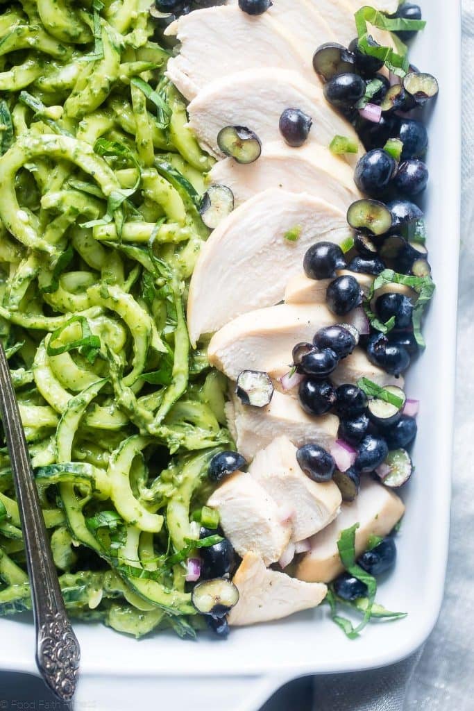 Blueberry Honey Lime Chicken With Avocado Pesto Cucumber Noodles