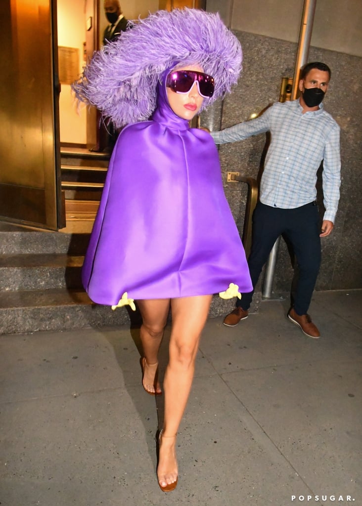 Lady Gaga's Purple Valentino Cape Dress and Feathered Hat