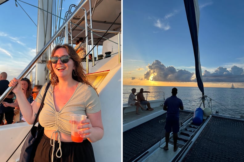 A photo collage from a sunset cruise in St. Lucia. A woman on an astrology-themed trip holding a rum cocktail smiles on a boat, and the sun setting over the Caribbean Sea.