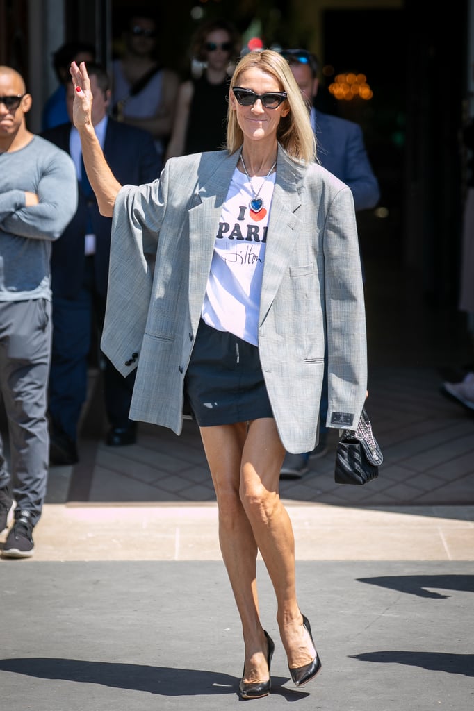 Celine dressed up a t-shirt and mini with the ultimate accessory: The Heart of the Ocean necklace. Yes, that blue diamond necklace from Titanic.
