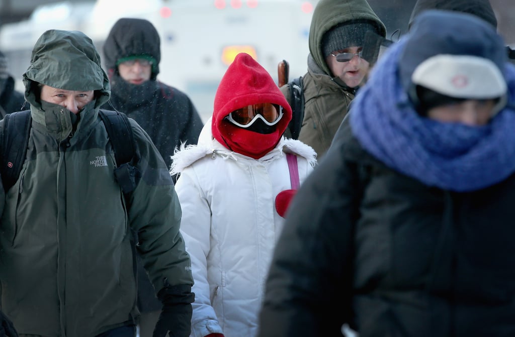 One woman wore a pair of ski goggles to brave the chilly temperatures.