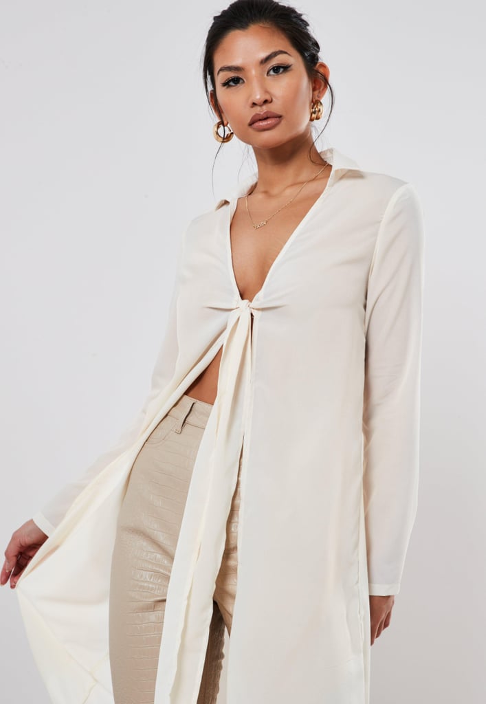 Missguided Stone Long Plunge Tie Waist Blouse
