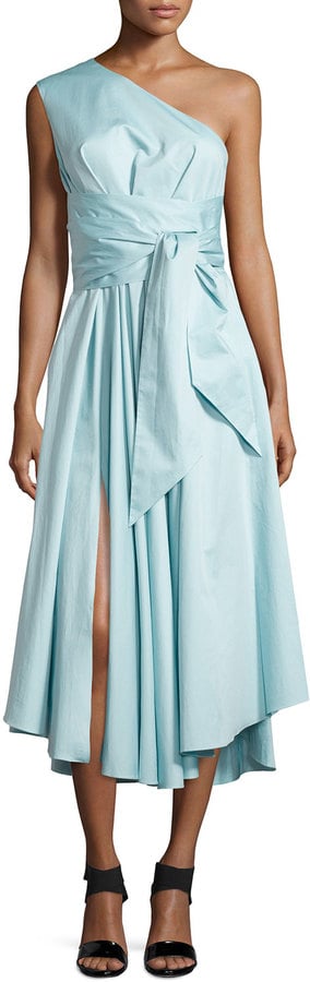 Tibi Satin Poplin One-Shoulder Wrap Dress ($625)