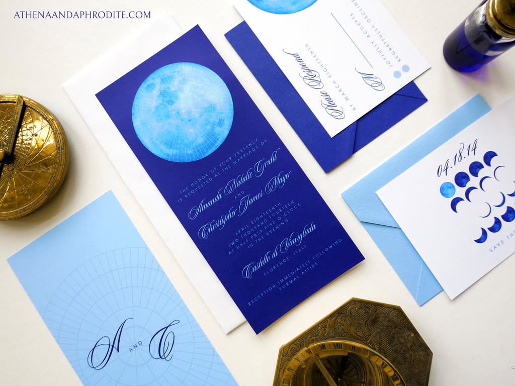 "In astrology, your sun sign dictates your personality, while your moon sign (where the moon was when you were born) represents your emotions. Incorporate the moon into your wedding invitations as a nod to your feelings and desires."
— Amanda Mayer, Athena and Aphrodite