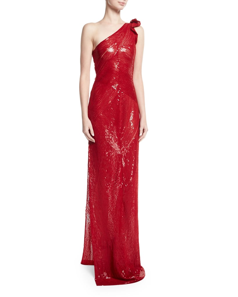 beaded one shoulder gown