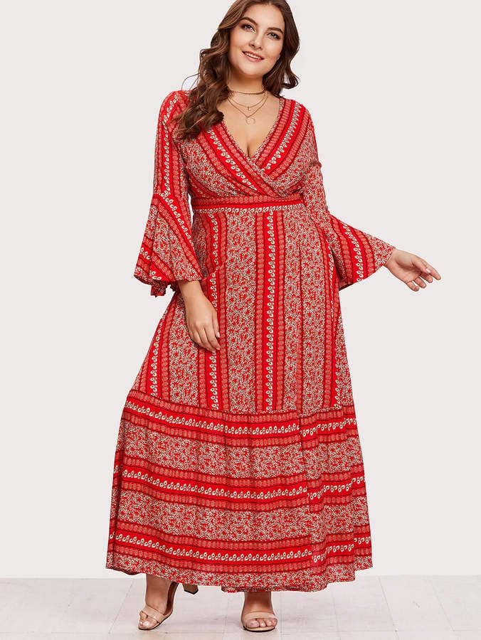 SheIn Flounce Sleeve Ditsy Print Wrap Dress