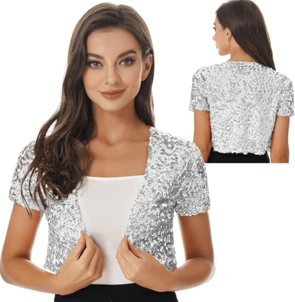 Sequin Short Sleeve Open Front Shrug