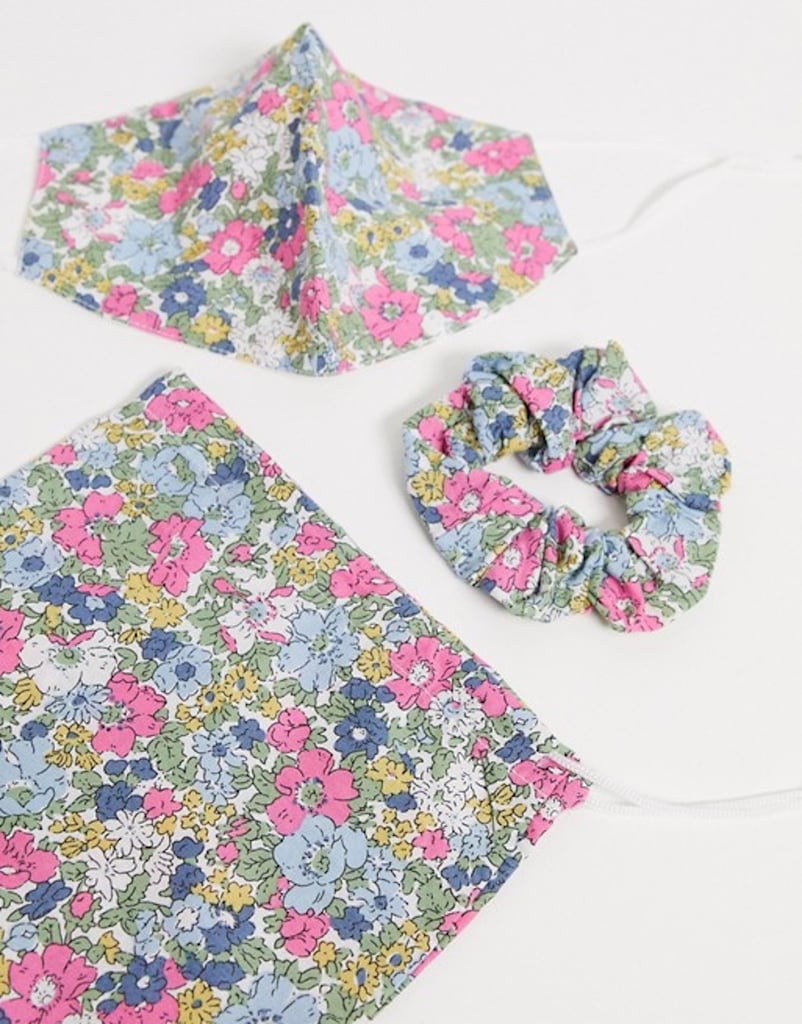 ASOS DESIGN Pink Floral Face Covering With Pouch & Scrunchie