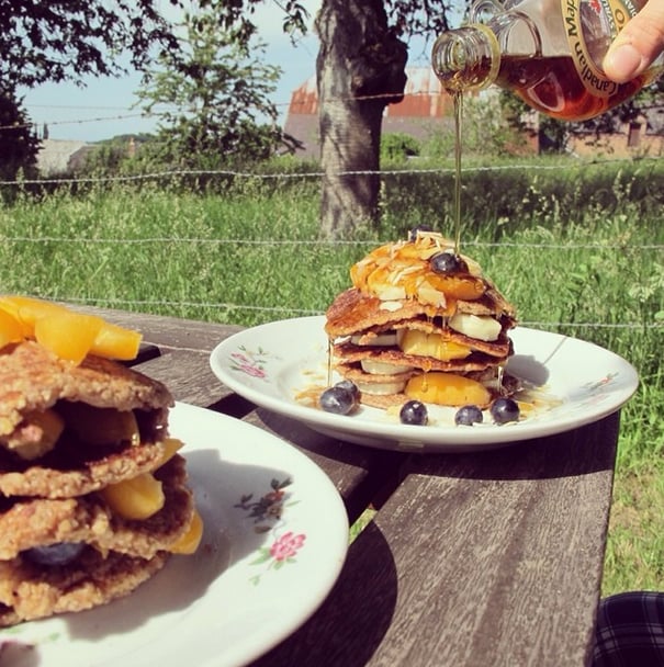 Walnuts add an unexpected crunch plus a healthy dose of protein to these delicious short stacks. 
Source: Instagram user holynut_