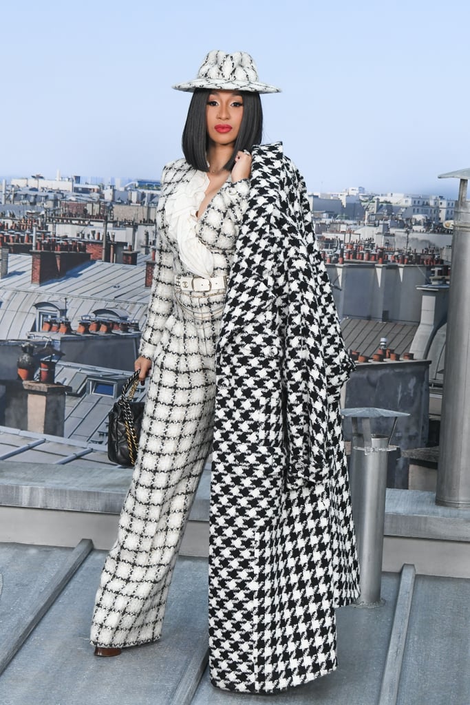 Cardi B's Chanel Tweed Pantsuit and Houndstooth Coat the the 2019 Chanel Fashion Show