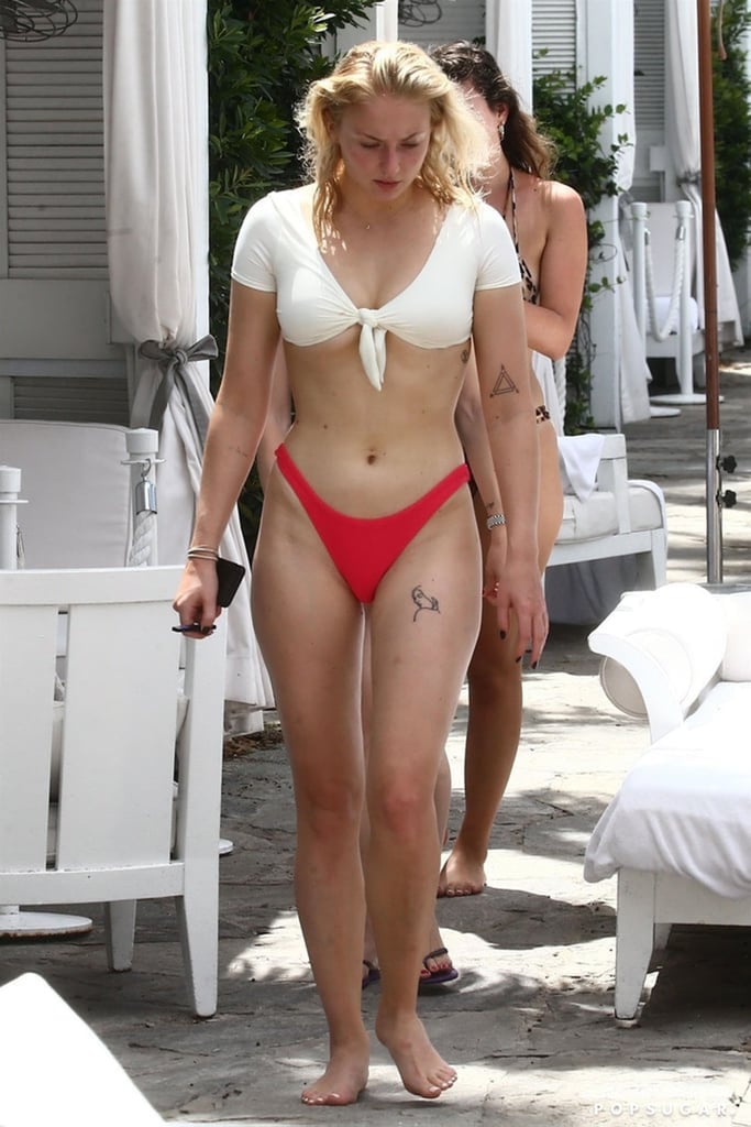 Sophie Turner White and Red Bikini August 2018