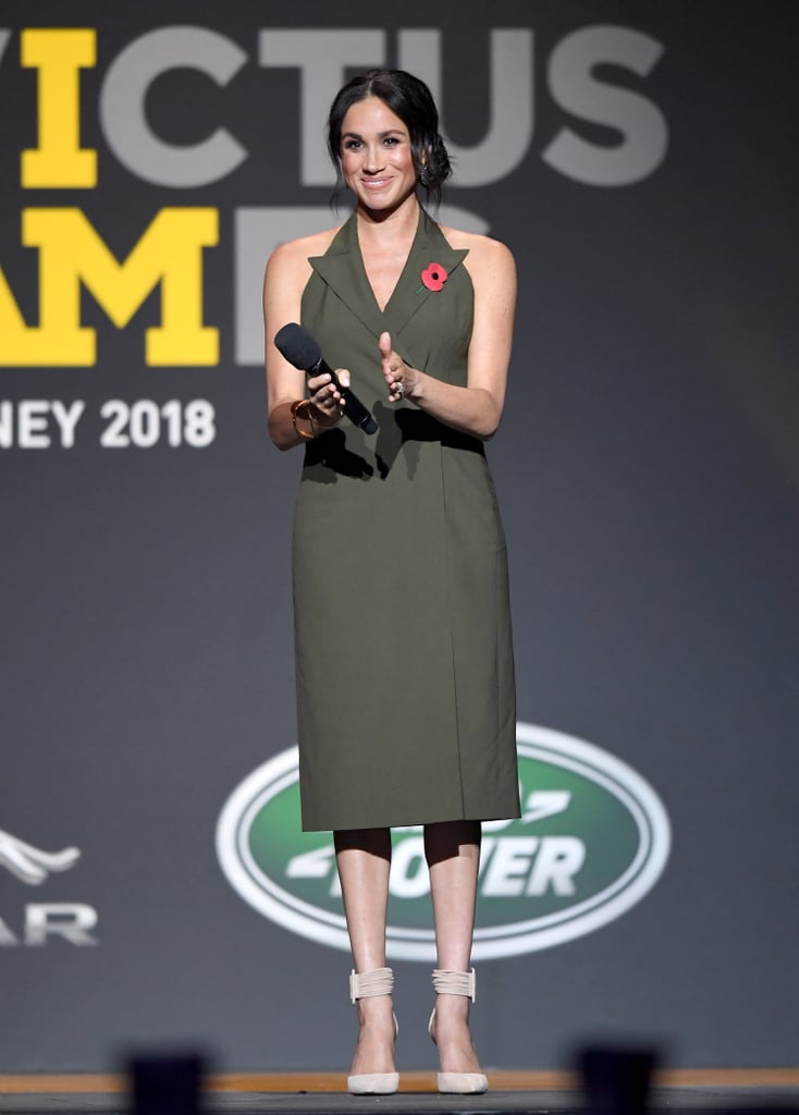 Meghan took the stage in this backless tuxedo-style Antonio Berardi dress at the 2018 Invictus Games, and finished the look with a pair of Aquazzura heels.