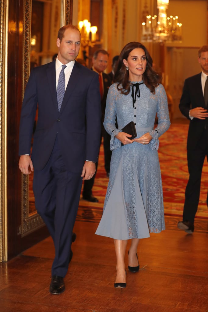 Kate Middleton's first public appearance after her third pregnancy announcement was on Oct. 10 for World Mental Health Day. The royal attended a reception at Buckingham Palace wearing a light blue Temperley London dress. The lace look stayed true to her feminine style, and Kate continued her pattern of matching her shoes with her clutch.
