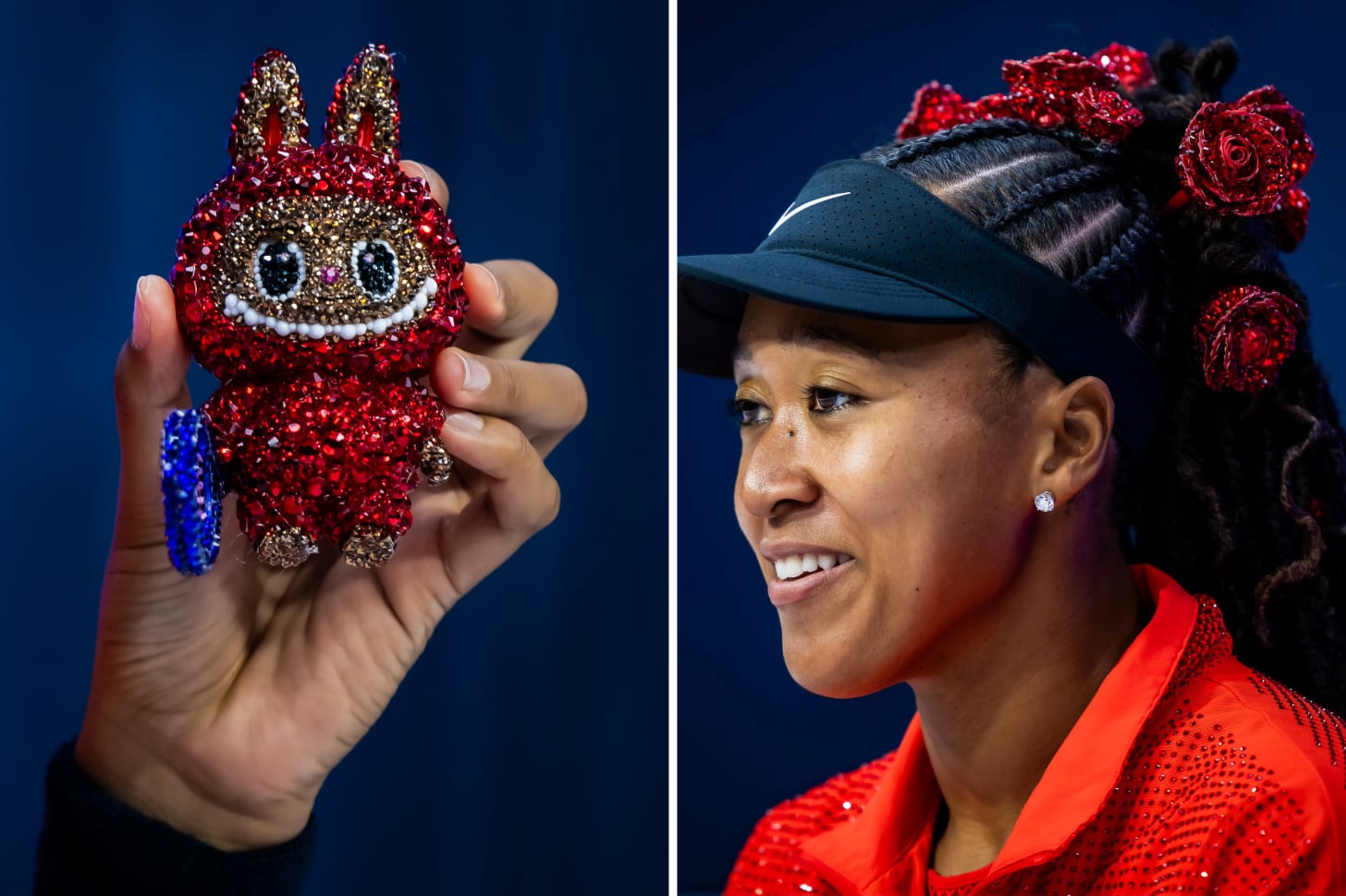 Naomi Osaka of Japan holds up her Labubu while talking to the media after defeating Greet Minnen.