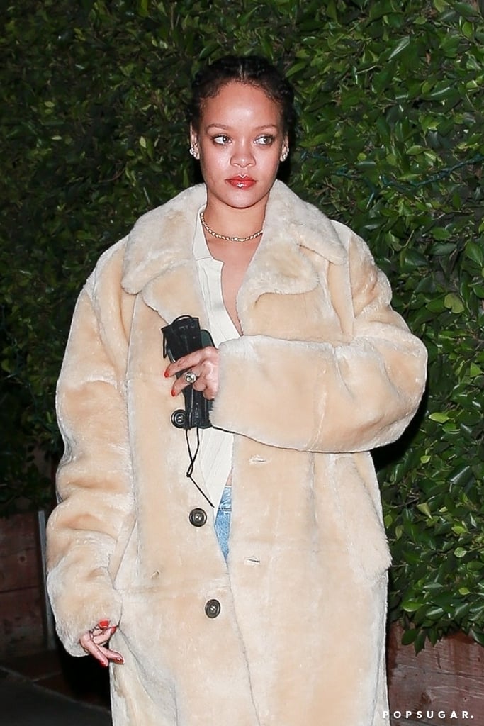 Rihanna Wearing a Teddy Coat With an Unbuttoned Cardigan