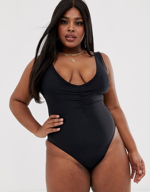 ASOS Design Curve Deep Plunge Minimal Swimsuit in Black