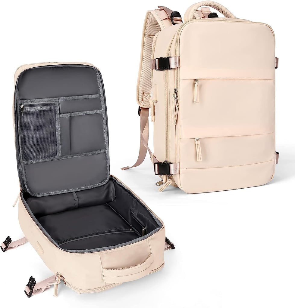 coowoz Large Travel Backpack, Beige ($19, originally $20)
Fitness coach and personal trainer Andrea of Body by Dreaa uses this backpack as her gym bag because it fits everything, from headphones to a whole tub of pre-workout, and even includes a removable shoe compartment. If you carry a lot but still want something locker-friendly, this might be your best bet.
Pros: Spacious design, includes removable shoe compartment
Cons: Water bottle pocket may be too small for larger bottles
Material: Not specified
Dimensions: 12.6" x 16.5" x 7.9"
Colorways: 17
Who It's Best For: People who bring a lot of gear and want it to stay organized in a backpack-style format
Extras: Side straps fit a barbell pad, fits in most standard gym lockers
What Reviewers Say: "Saw somebody use this as a gym bag on TikTok so I bought it for myself. Absolutely love it! I'm able to carry my barbell pad on the sides and all of my gym equipment stays organized. Highly recommend."
