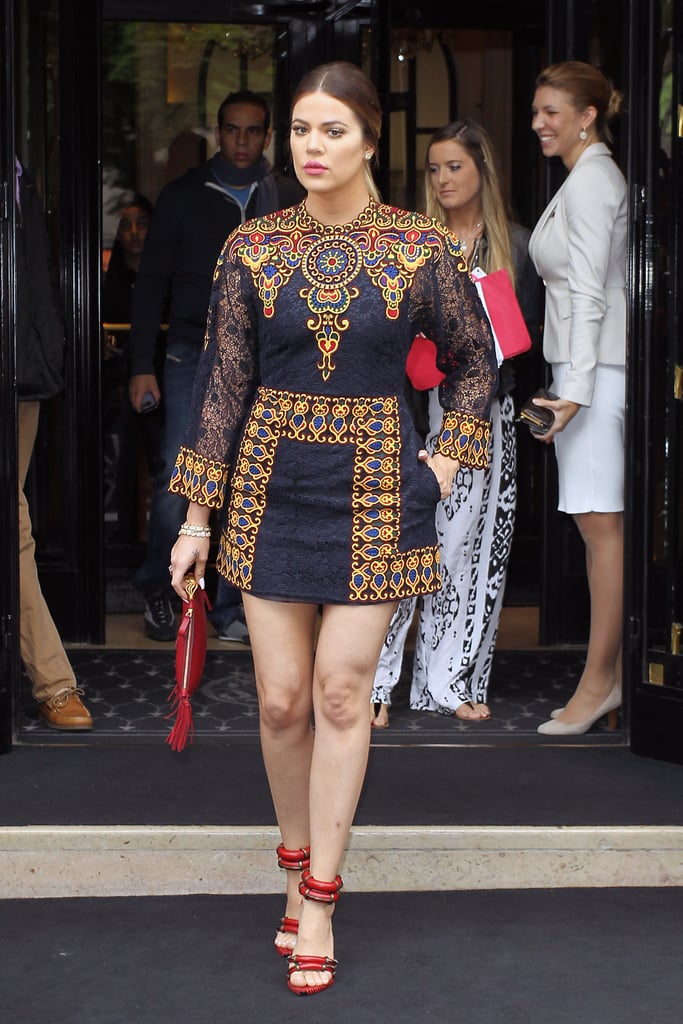 While in Paris before Kim's wedding, Khloé stepped out in a colorful patterned minidress.