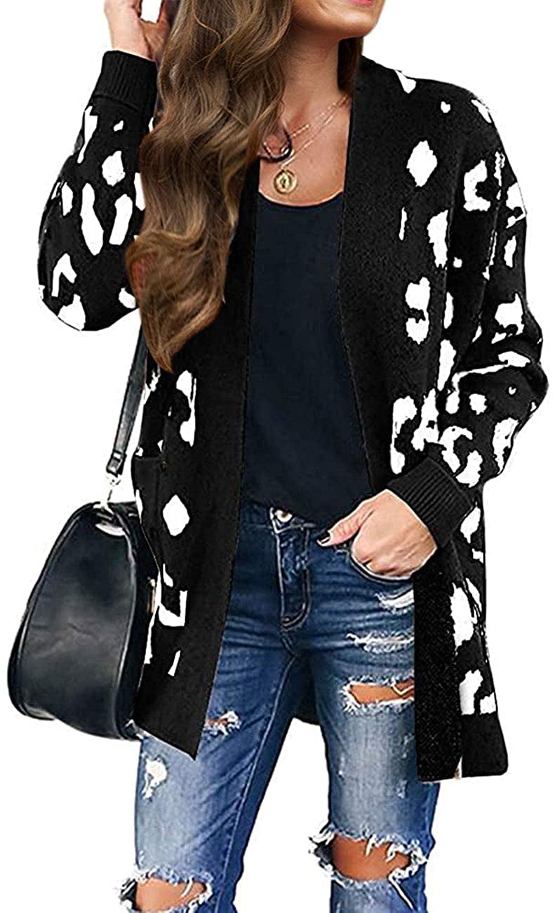 BTFBM Women Fashion Leopard Print Button Down Long Sleeve Soft Loose Knit Sweater Cardigan Coat Fall Winter Outwear 