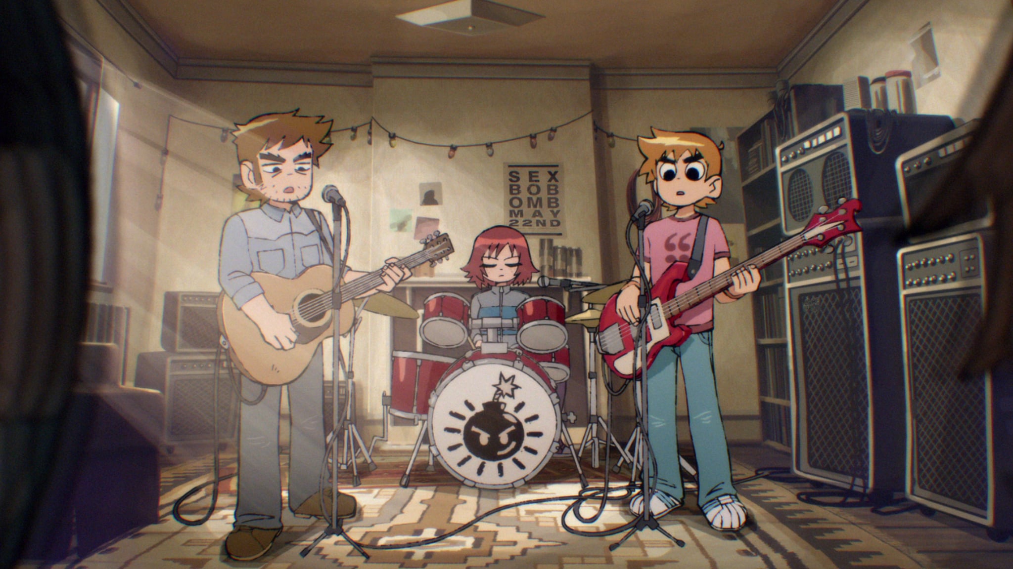 Scott Pilgrim Takes Off (L to R) Mark Webber as Stephen Stills, Alison Pill as Kim Pine and Michael Cera as Scott Pilgrim in Scott Pilgrim Takes Off. Cr. COURTESY OF NETFLIX © 2023