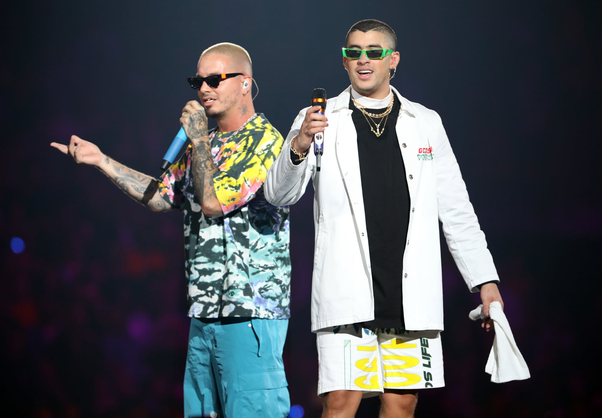 MIAMI, FL - MARCH 14:  J Balvin and Bad Bunny perform on stage during the Bad Bunny concert at the American Airlines Arena on March 14, 2019 in Miami, Florida.  (Photo by Alexander Tamargo/Getty Images)