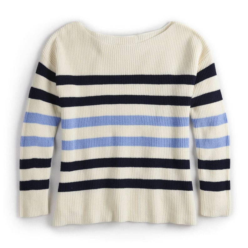 Oversized Boat Neck Sweater in Pristine with Maritime Blue Stripe