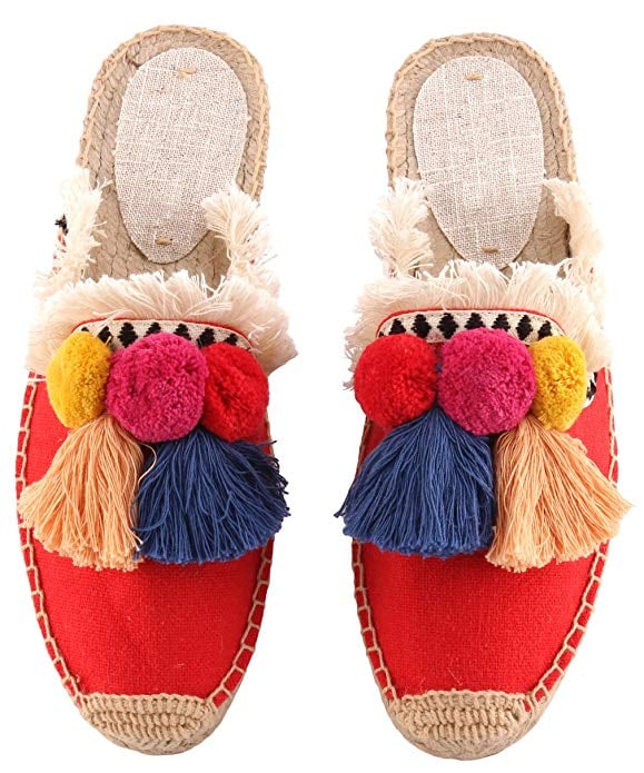 U-lite Tassel & Fluffy Ball Canvas Mule Shoes