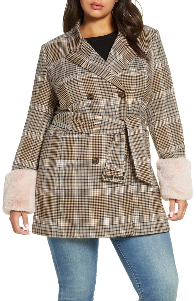 Halogen® x Atlantic-Pacific Faux Fur Cuff Plaid Coat