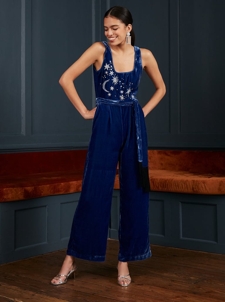 Kitri Peggy Blue Embroidered Velvet Jumpsuit