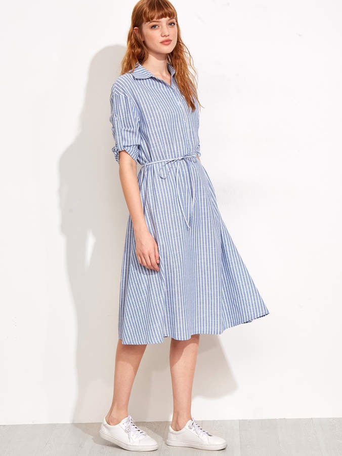 Romwe Vertical Stripe Self-Tie Shirtwaist Dress | Cute Work Dresses ...