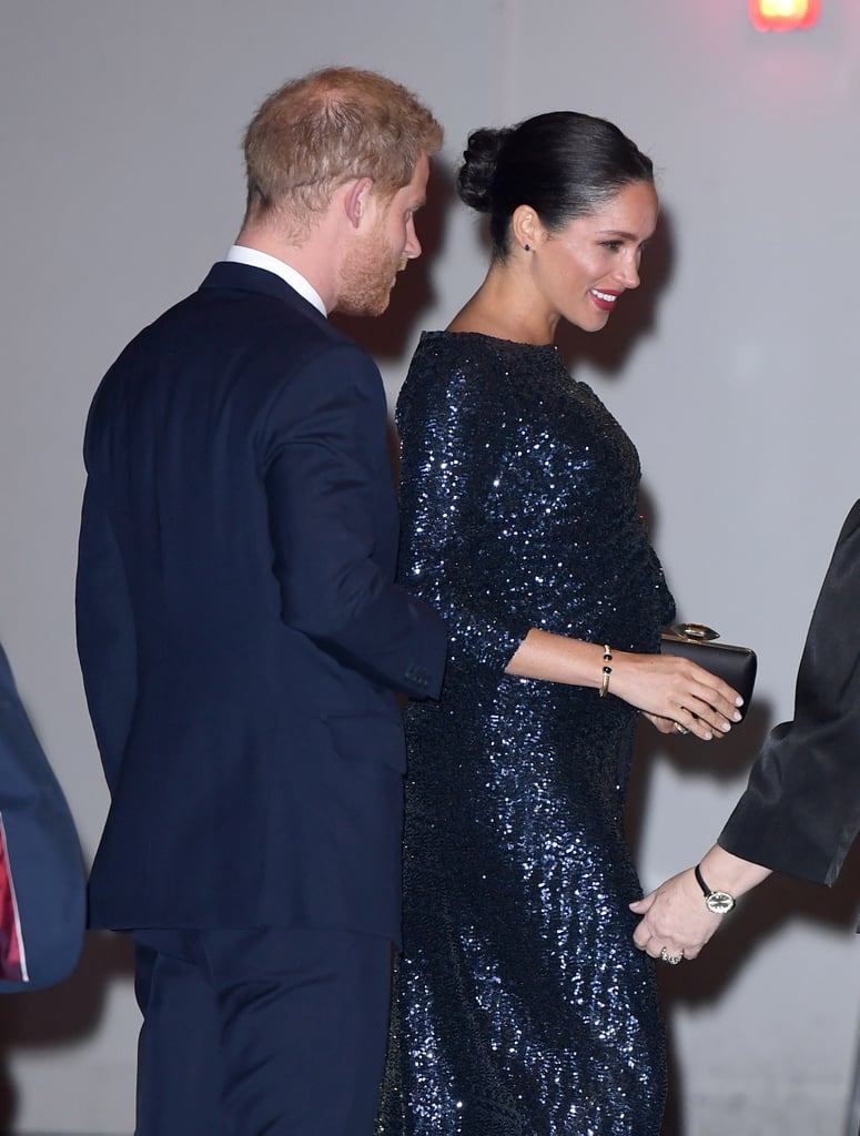 The Duchess opted for a modern take on a head-turning sparkly gown in this $6,000 navy sequin number by Roland Mouret while attending a 2019 Cirque du Soleil performance in London.